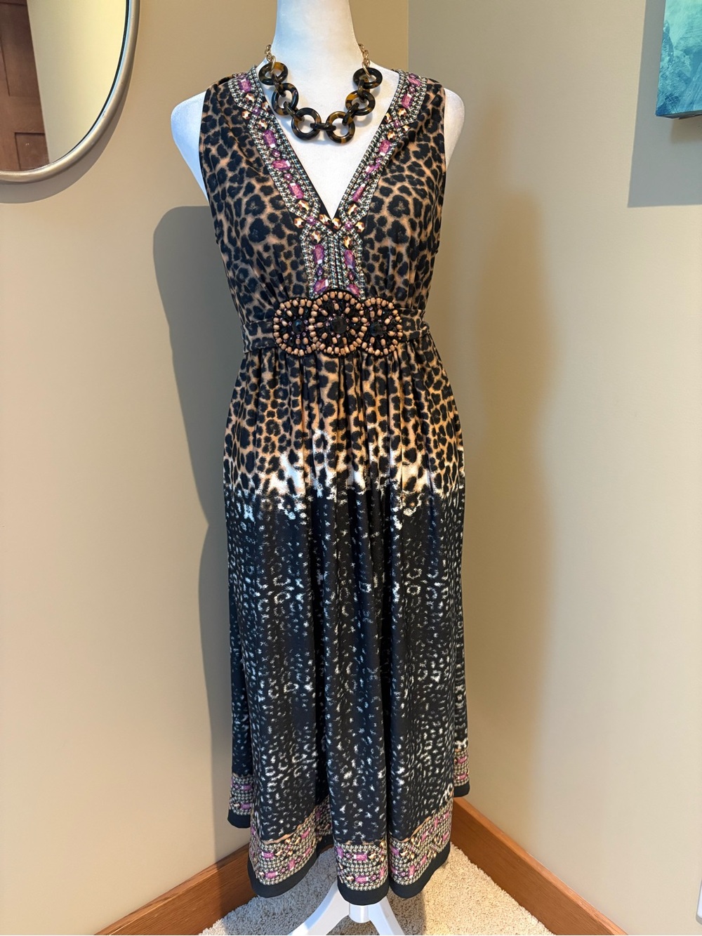 ECI Maxi Dress Leopard Jewels XL Sleeveless Beaded Animal Print